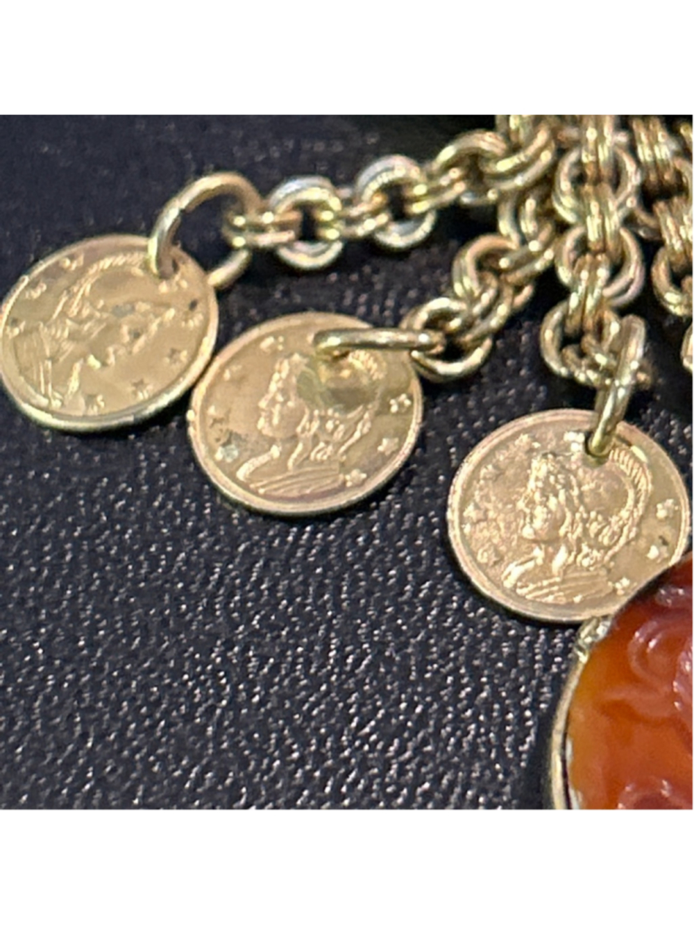 Women's vintage Florenza Gold & Brown intaglio Cameo Brooch with Coin Dangles - Picture 4 of 9